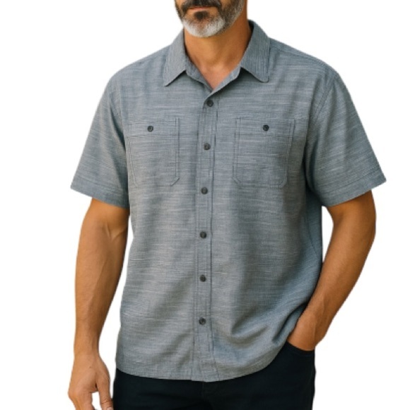 WOOLRICH Mens Blue Marled Chambray Button Up Shirt Short Sleeves Cotton Preppy S - Picture 1 of 11